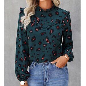 WOMEN'S Green and Pink Leopard Ruffled Blouse
